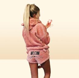 Women Winter Short Pajamas Hooded Designer Pyjama Set Hoodie Cat Print Shorts Pants Outfits Causal Pajamas Clothes Sets Home Cloth2443784