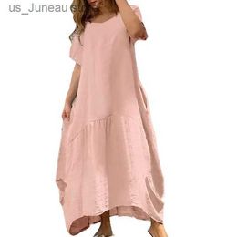 Urban Sexy Dresses Summer Dress Daily Clothes Women Dress Solid Color Loose Type O Neck Bie Hem Short Slves 1 T240415