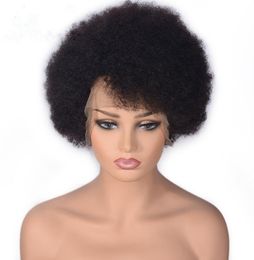 Afro Kinky Kıvırcık Dantel Dantel İnsan Saç Perukları Siyah Kadınlar Malezya Remy Dantel Ön İnsan Saç Perukları Doğal Siyah, Bebek Kaçı ile 7784166