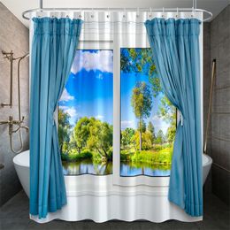 Curtain modeling shower curtain scenery outside the window Bath Curtain Waterproof Fabric Funny Bathroom Decorative Curtains