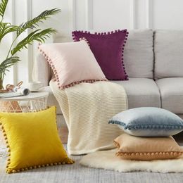 Pillow Korea Modern Pure Color Velvet Cover Lovely Plush Ball Soft Pillowcase Sofa Bed Decoration Pink Yellow