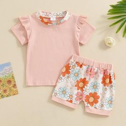 Clothing Sets Summer 2Pcs Girl Clothes Set Baby Outfit Rib Ruffle Short Sleeve T-shirt Shorts Suit Lovely Floral Children Casual Costume