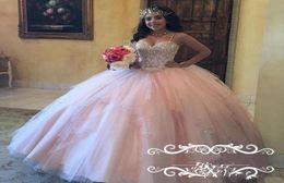 Ball Gown Light Peach Quinceanera Dresses Cheap Quincenera Gowns Vestido de 15 Anos Azul with Crystals Sweet 16 Dress9151114