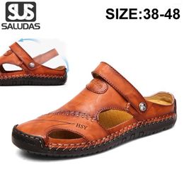 Casual Shoes SALUDAS Men's Sandals Summer Outdoor Genuine Leather Anti Slip Soft Big Size Beach Slipper Men