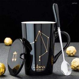 Mugs SADEKIRAY Real Gold Twelve Constellation Cup Ceramic Mug Lovers Personalised Milk Coffee With Cover Spoon