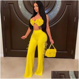 Two Piece Dress 2022 Y Club Party Style Women Suit Sleeveless Strapless Short Top Elastic Long Pants Pure Color Lady Sets Drop Deliver Dh8Fe