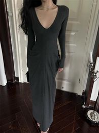 Casual Dresses PLAMTEE 2024 Grey Maxi Dress Spring Women Full Sleeve Girls V-Neck Slim Chic Minimalist Office Lady High Street