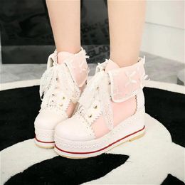 Dress Shoes Wedge Platform Sweet Lolita Vintage Round Head 7cm High Heel Women Cute Bowknot Kawaii Loli Cosplay Girl Lace