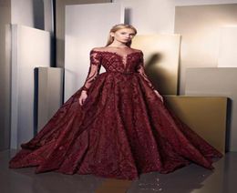 Fashion Burgundy Sparkly Detail Long Sleeve Prom Dresses Ziad Nakad Puffy Skirt Long Luxury applique Dubai ArabicProm Gown1041063
