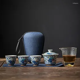 Teaware Sets Portable Blue And White Porcelain Travel Tea Set Cup Cover Bowl Storage Bag Outdoor One Pot Three Cups Home Gift