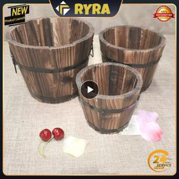 Pack Rustic Whiskey Barrel Planter Wooden Bucket Flower Planter Pot Home Decor