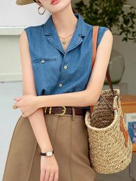 Women's Tanks Blue Denim Suit Collar Vest For Summer Lightweight Cotton Retro Versatile Commuting Sleeveless Shirt