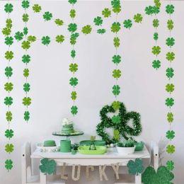 Glitter Shamrock Clover Garland for St Patricks Day Decor Streamer Banner Hanging Saint Clover Green Birthday Parties Supplies