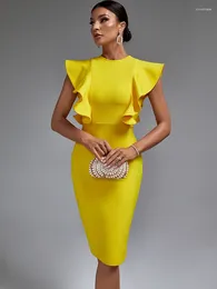 Casual Dresses Yellow Bandage Dress Women Midi Party Bodycon Elegant Ruffle Sexy Evening Birthday Club Outfits Summer 2024