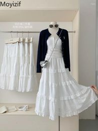 Work Dresses Spring Korean Chic Skirts Set For Women Sweet Girl White Lace Camisole Strap Navy Blue Cardigan Cake Half Skirt Three Piece