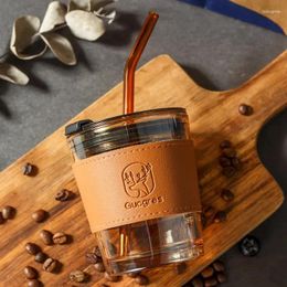 Mugs 350ml Leather Cover Glass Cup With Straw Lid Reusable Coffee Heat-Resistant Water Bottle Drinkware Mug
