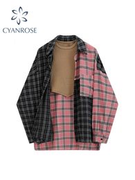 Turn-Down Neck Long Sleeve Patchwork Plaid Shirts Women Autumn Oversize Button Up Shirt Korean Fashion Casual Outwear Tops 240408