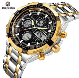 GOLDENHOUR Fashion Top Brand Men Analog Digital Quartz Watch Mens Stainless Steel Strap Business Wristwatches Casual Male Clock 211746285