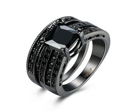 Fashion 18k Black Gold Plated Black Square Diamond Princess Cut Wedding Engagement Bridal Bands Ring Sets for Women Ladies4128233