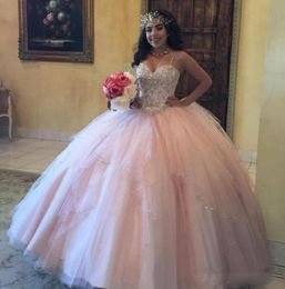 Cute Light Pink Ruffy Quinceanera Dresses with Spaghetti Lace Crystal Beaded Sequins Princess Tiered Skirts Party Dress Ball Gown 1313844