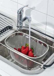 Retractable Drain Basket Rubber Grip Handles Stainless Steel Oval Colander Sink Vegetables Draining Rack Drain washing basket T2009004331