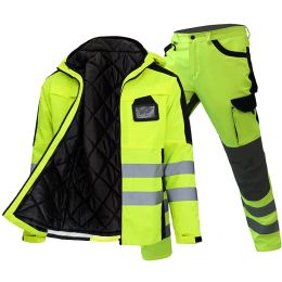 Pants Reflective Suits for Work in Winter 3 in 1 Hi Vis Workwear Waterproof Jacket with Linner and Working Pants Men Reflective Set