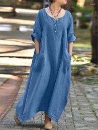 Casual Dresses Loose Cotton Linen Dress Summer O-neck Button Big Pocket Adjustable Long Sleeve Solid For Women 2024 Robe