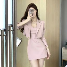 2024 Summer Womens Short 2 Sets Mini Two Piece Set for Women Suit with Skirt and Blazer Long Sleeve Outfit Pink Clothing Trend