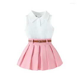 Clothing Sets Toddler Girl Summer Outfit Solid Color Ribbed Sleeveless Tank Tops And Pleated Skirts With Belt 2Pcs Clothes Set