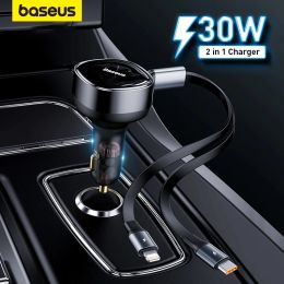 Gamepads Baseus 2in1 Car Charger Pd 20w Fast Charging Retractable Cable 30w Quick Charging Car Phone Charger for Xiaomi Iphone 11 13 14