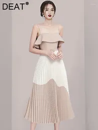 Casual Dresses Woman Dress Khaki Colour Block Ruffles Suspenders High Waist Elegant Maxi Style 2024 Autumn Fashion 15092