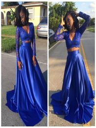 Royal Blue Two Pieces Black Girls Prom Dress 2019 Sexy V Neck Long Sleeve Evening Gowns Cheap Prom Dresses4524580