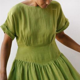 Party Dresses Women Vintage Green Tunic Waist Baggy Holiday Summer Dress Elegant Solid Colour Cotton Linen Maxi Casual Beach