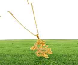 Micro Inlaid Zircon Dragon Pendant Chain 18k Yellow Gold Filled Fashion Womens Mens Pendant Necklace 6243675
