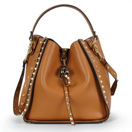 Totes Genuine Leather Bucket Bag Cross-border Trend Heavy Industry Rivet Handbag Lychee Pattern Top Layer Cowhide Nail Diagonal Cross