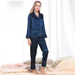 Home Clothing Silk Loose Long Sleeve Turn-down Collar Sleeping Pyjamas For Women Lingerie Pants Nightwear Two Piece Wear