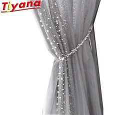 Side Beading Embroidered Tulle Curtain for Living Room Light Luxury Pearls Grey Sheer Volie for Balcony ZH452VT 2107126720368