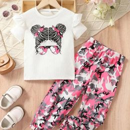 Clothing Sets Spring Summer Kids Clothes Girls Casual Cartoon Short Sleeve T-shirt Top Camouflage Pants Children's Fashion