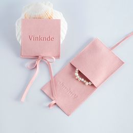 DIY Custom Logo Jewellery Packaging Pink Rope Gift Bags for Wedding Favour Candy Chic Microfiber Small Organiser Pouch Wholesale