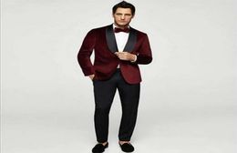 Custom Made Burgundy Velvet Men Suits Wedding Black Shawl Lapel Groom Tuxedo Wear Performance Man Blazer Jacket Prom Stage 2Pieces3248500