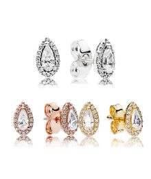 Luxury designer Rose gold Stud Earring for P yellow gold plated Sparkling Teardrop Halo EARRING Real Sterling Silver Women Earring6768083