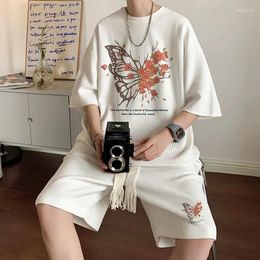 Women's Tracksuits Vintage Gothic Rose Butterfly Y2K Two Piece Sets Summer Waffle Cotton Men Hip Hop Oversized Loose T-shirt And Shorts