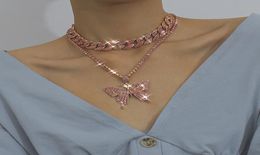 Luxury Full Crystal Cuban Pendant Women Chain Necklace Simple Diamond Pink Butterfly Hip Hop Iced Out Pendant Necklace Party Jewel9126343