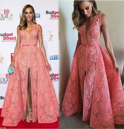 2015 Watermelon Evening Dresses Aline Deep V Neckline Front Split Floor Length Middle East Celebrity Party Dresses1809014