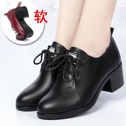 Dress Shoes Spring Autumn Deep Mouth Fashion Casual Women's Solid Lace Up Round Toe Chunky Heel Soft Leather Bottom Single