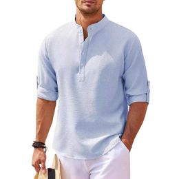Mens Long Sleeved Shirt Standing Collar Half Open Button Shirt Pineapple Plaid Shirt Mens Casual Shirt Top