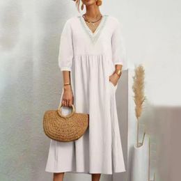 Casual Dresses V-neck Lace Splicing Dress Stylish Women's Summer With Three Quarter Sleeves A-line Pleated Design Soft For Beach