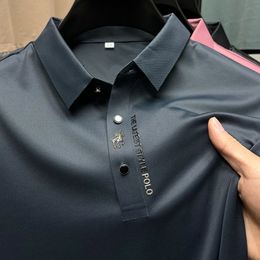 Ice Silk Embroidery Polo Shirt Summer Lapel Elasticity Tshirt Korean Fashion Short Sleeve Business Casual Men Clothing 240410