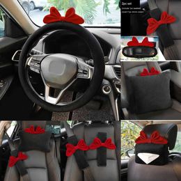 New Cute Cartoon Red Bowknot Neck Pillow Universal Auto Seat Headrest Waist Support Seatbelt Cover Car Accessories for Women