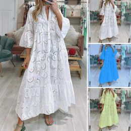 Casual Dresses Elegant Solid Color Embroidery Lace Maxi Dress V-neck 3/4 Flared Sleeve Hollow Out Flower Pattern Buttons Half Placket Ruffle